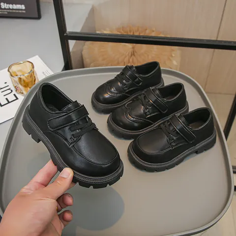 Kids British Style Black PU Leather Shoes Performance School Uniform Flat Shoes For Boys And Girls Hook And Loop Loafers