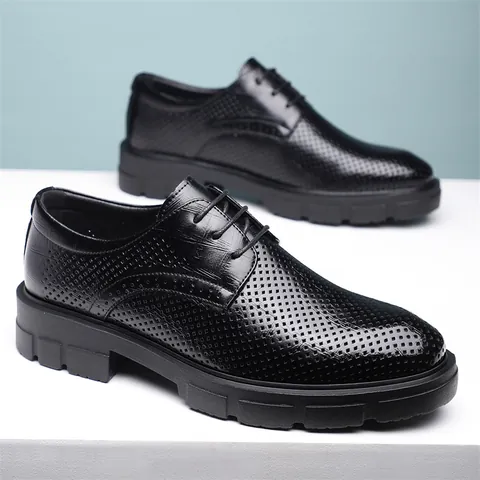 Herren Business Formelle Lederschuhe Mit Dicker Sohle Perforiert Atmungsaktiv Schnürung Größensteigernde Derby Schuhe Für Hochzeit Büro