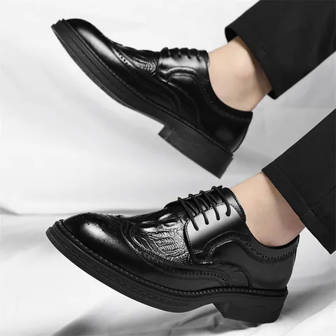 Men Business Dress Shoes Recycled Leather Crocodile Pattern Brogue Lace-up Wedding Formal Oxford Shoes For Men