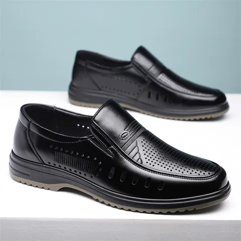 Hommes Business Décontracté Chaussures en Cuir Recyclé Ajouré Sans Lacets Respirant Chaussures Formelles Été Quotidien Semelle Caoutchouc