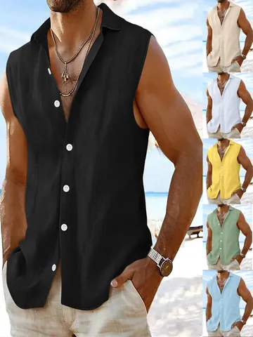 Heren Mouwloos Katoenen Casual Overhemd Revers Button Down Ruime Pasvorm Strand Top Voor Zomer Outdoor Vakantie Mode Stijl