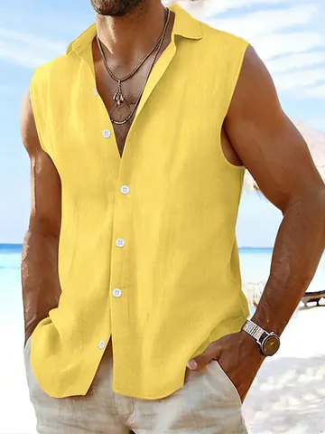 Heren Mouwloos Katoenen Casual Overhemd Revers Button Down Ruime Pasvorm Strand Top Voor Zomer Outdoor Vakantie Mode Stijl
