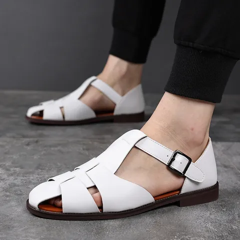 Sandalias Romanas de Hombre Punta Cerrada Casual Transpirable Zapatos de Playa Verano Cuero PU Sandalias de Pescador Con Hebilla