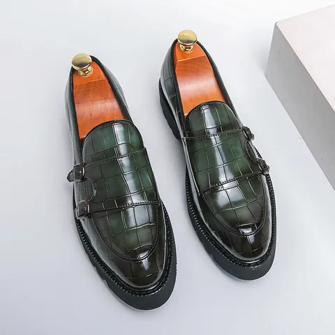 Mocassins à Double Boucle Homme Gaufré Crocodile Plateforme Chaussures Habillées Business Décontracté Bout Pointu Microfibre