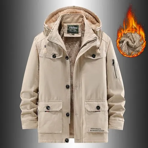 Ανδρικό Ρετρό Τζάκετ Cargo με Κουκούλα Επένδυση Polar Fleece Βαμβακερό Ζεστό Πολλαπλές Τσέπες Αντιανεμικό Χειμερινό