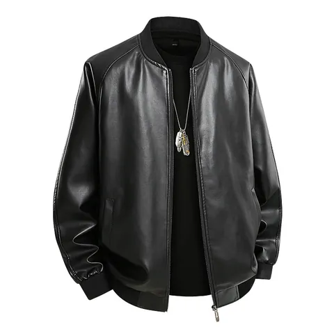 Men's Faux Leather Motorcycle Jacket Stand Collar Casual PU Leather Bomber Jacket Ribbed Trim Zip Up Outwear Top