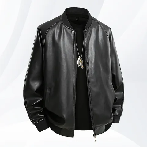 Men's Faux Leather Motorcycle Jacket Stand Collar Casual PU Leather Bomber Jacket Ribbed Trim Zip Up Outwear Top
