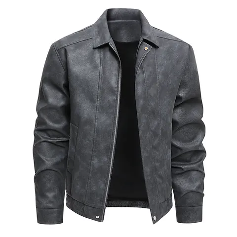 Giacca da Uomo in Pelle Scamosciata Sintetica Vintage Americano Colletto a Revers Cerniera Anteriore Bomber Tinta Unita