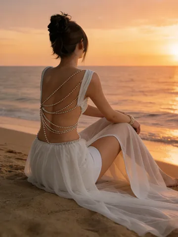 Women Sexy White Mesh See-Through Backless Vest And Long Skirt Set With Artificial Pearl Chain Patchwork Party Club Outfit