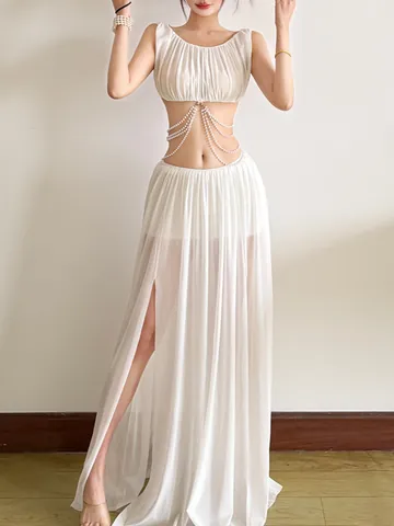 Women Sexy White Mesh See-Through Backless Vest And Long Skirt Set With Artificial Pearl Chain Patchwork Party Club Outfit
