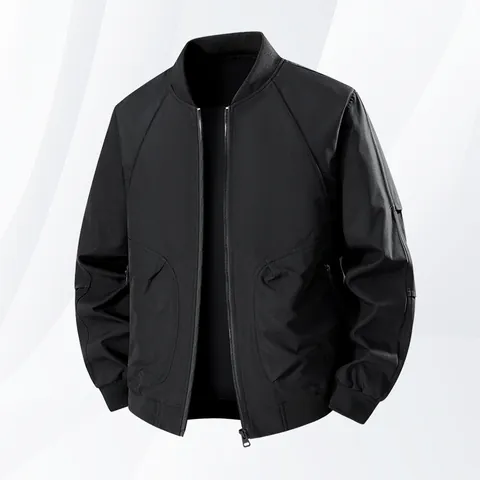 Men Plus Size Bomber Jacket Solid Color Polyester Flight Jacket Casual Baseball Collar Windproof Zip Up Outerwear Top