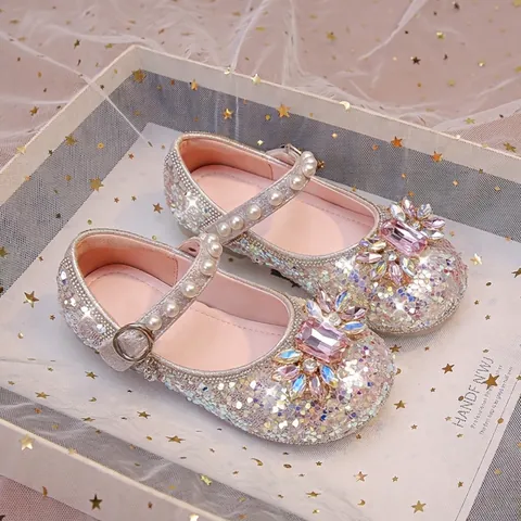 Kids Girls Mary Jane Princess Shoes Sparkling Glitter Sequins Rhinestone Flower Artificial Pearl Strap Soft Sole Dress Shoes For Party Wedding