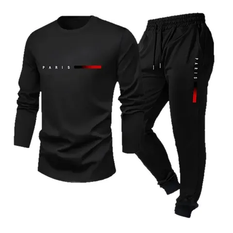 Ensemble Haut Et Bas De Sport Décontracté Pour Hommes Imprimé Paris Polyester Respirant T-Shirt À Col Rond Et Pantalon De Jogging