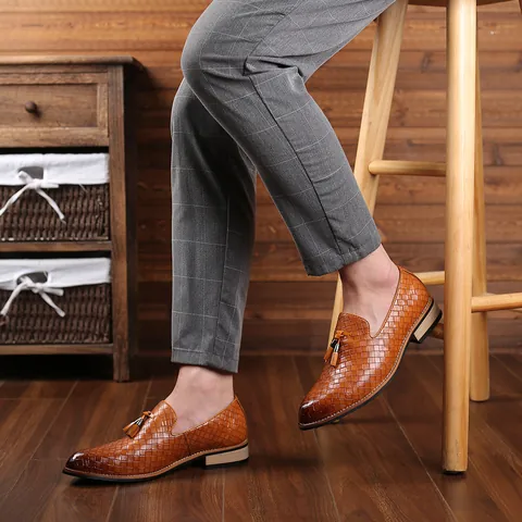 Mocasines Casuales para Hombre Cuero PU Artificial Textura Tejida Borla Zapatos de Conducir Estilo Británico Zapatos Planos