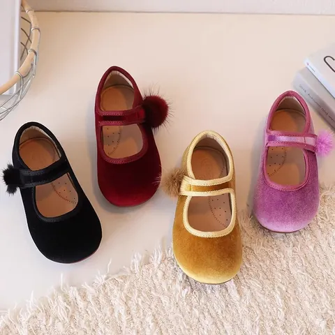 Vintage Girls Velvet Princess Mary Jane Shoes With Faux Fur Pom-Pom Cute Red Single Shoes For School Party Spring Autumn