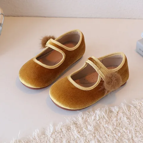 Vintage Girls Velvet Princess Mary Jane Shoes With Faux Fur Pom-Pom Cute Red Single Shoes For School Party Spring Autumn