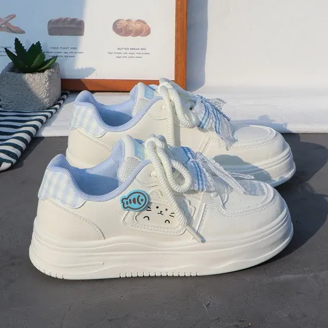 Chaussures de Planche Décontractées à la Mode pour Filles Baskets à Plateforme Épaisse Avec Nœud en Dentelle Décor Chat Poisson pour Enfants