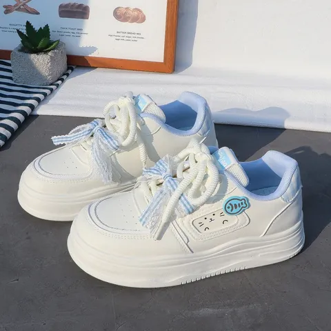 Chaussures de Planche Décontractées à la Mode pour Filles Baskets à Plateforme Épaisse Avec Nœud en Dentelle Décor Chat Poisson pour Enfants