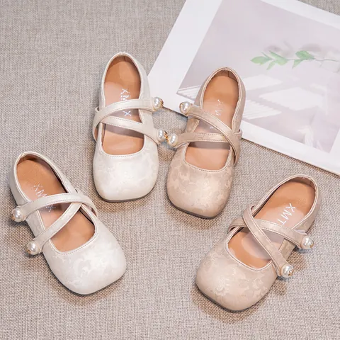 Girls Mary Jane Hanfu Shoes Microfiber Jacquard Floral Pattern Pearl Decor Non-slip Soft Sole Traditional Chinese Style Dress Shoes