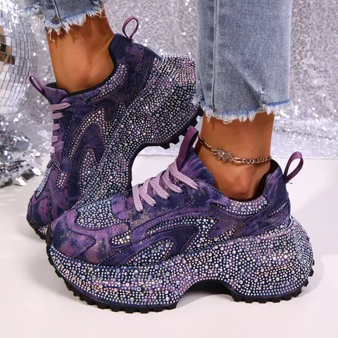 Damen Fashion Denim Strass Chunky Sneaker Plateau Höhensteigernd Lässige Daddy Schuhe Glitzer Sportschuhe Für Damen