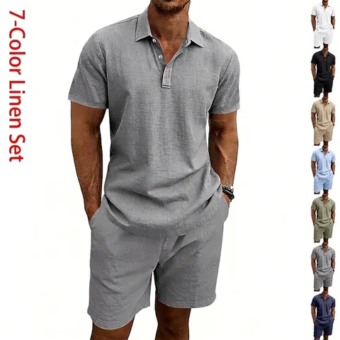 Set Casual in Lino Estivo da Uomo Polo a Maniche Corte e Pantaloncini Traspirante Top And Bottom per Spiaggia Vacanza
