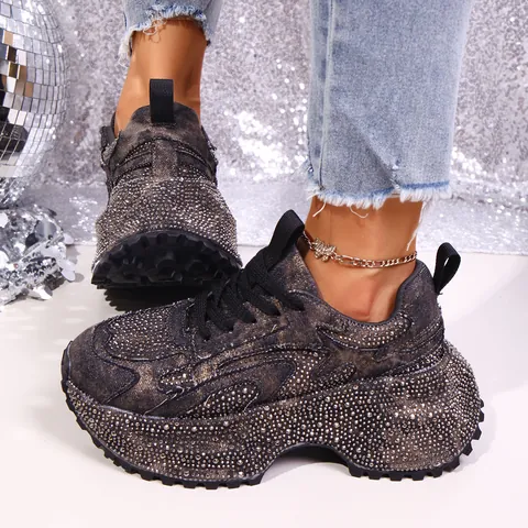 Damen Fashion Denim Strass Chunky Sneaker Plateau Höhensteigernd Lässige Daddy Schuhe Glitzer Sportschuhe Für Damen
