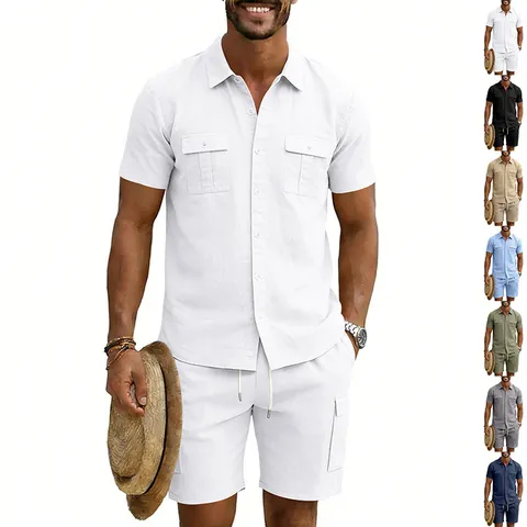 Conjunto de Camisa Cargo de Manga Corta de Lino de Verano y Pantalones Cortos con Cordón para Hombre Ropa Casual de Dos Piezas