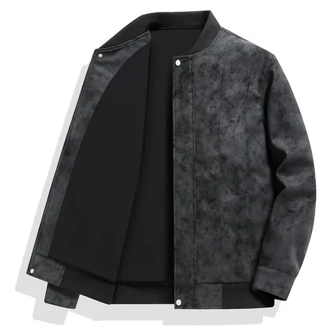 Men Retro PU Leather Jacket Baseball Collar Fashion Casual Loose Fit Spring Autumn Zipper Ribbed Outerwear Top
