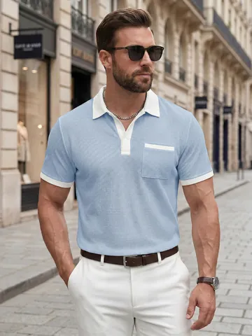 Men's Waffle Knit Short Sleeve Polo Shirt Color Block Lapel Button Casual Business Top For Summer Spring