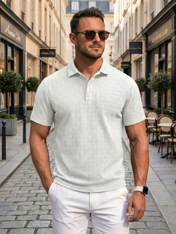 Men Casual Jacquard Polo Shirt Short Sleeve Sporty Multi-Button Lapel Top Polyester Summer Fashion Streetwear Breathable
