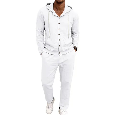 Heren Amerikaanse Stijl Linnen Vakantie Set Casual Hoodie Lange Mouwen Shirt En Losse Lange Broek Top En Bottom Matching Set