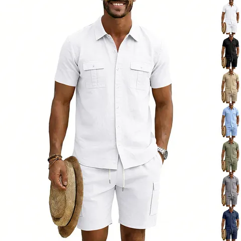 Men Summer Linen Short Sleeve Cargo Shirt And Drawstring Shorts Set Casual Outdoor Solid Color Two Piece Outfit For Youth