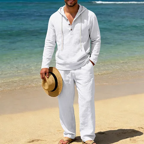 Men's Casual Linen Blend Hooded Long Sleeve Top And Bottom Summer Beach Vacation Loose Breathable Fashion Outfit Set