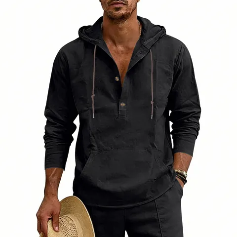 Heren Casual Linnenmix Henley Overhemd met Capuchon Lange Mouwen Trekkoord Strand Zomer Vakantie Top Effen Kleur Ademend