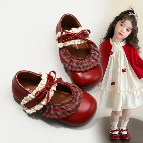Girls Mary Jane Princess Shoes Vintage Plaid Lace Bow Soft Sole PU Leather Dress Shoes For Toddler Little Big Kids