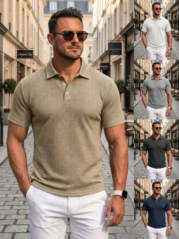 Men Casual Jacquard Polo Shirt Short Sleeve Sporty Multi-Button Lapel Top Polyester Summer Fashion Streetwear Breathable