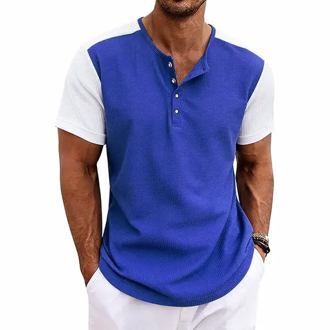 Men Casual Waffle Knit Henley T-Shirt Contrast Color Patchwork Short Sleeve Top Breathable Summer Fashion Button Down Tee