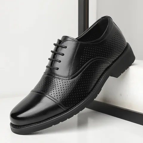 Chaussures de Ville en Cuir de Vachette de Première Couche pour Hommes Respirantes Ajourées Bout Rapporté Style Britannique Noir Chaussures