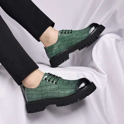 Men's British Style Thick Sole Leather Shoes Crocodile Pattern Gradient Color Lace Up Formal Wedding Derby Shoes For Men