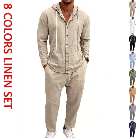 Heren Amerikaanse Stijl Linnen Vakantie Set Casual Hoodie Lange Mouwen Shirt En Losse Lange Broek Top En Bottom Matching Set