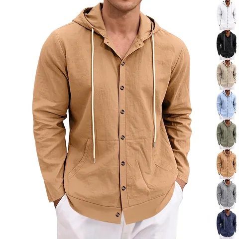 Men's Casual Linen Blend Hooded Shirt Long Sleeve Button Down Cardigan Beach Top Solid Color Loose Fit Spring Autumn Apparel