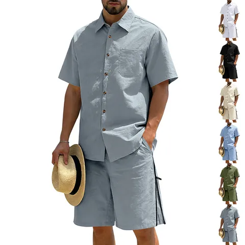 Heren Top En Bottom Polyester Korte Mouw Shirt Koordsluiting Shorts Zomer Strand Vakantie Casual Stijl Set