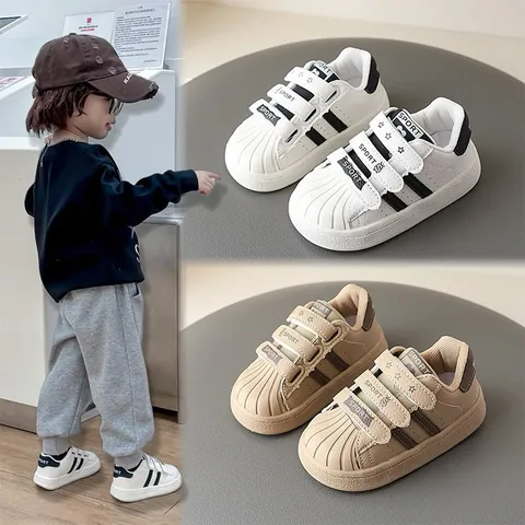 Kids Shell Toe Board Shoes Toddler White Sneakers Soft Sole Non-Slip Casual Running Shoes For Girls Boys Magic Sticker Closure