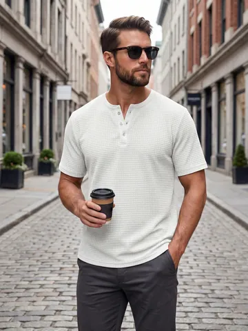 Men's Slim Fit Waffle Knit Henley Shirt Summer Casual Short Sleeve Button Neck Solid Color Breathable Top