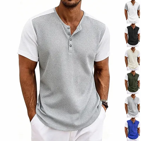 Men Casual Waffle Knit Henley T-Shirt Contrast Color Patchwork Short Sleeve Top Breathable Summer Fashion Button Down Tee
