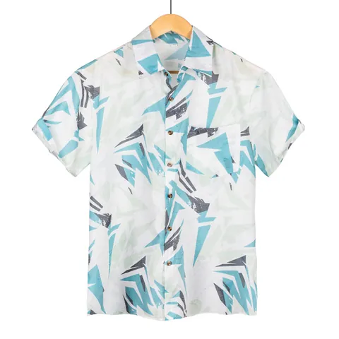 Camicia da Uomo in Cotone a Maniche Corte con Stampa Geometrica Casual Spiaggia Colletto a Revers con Bottoni Moda Estate Stile Tropicale