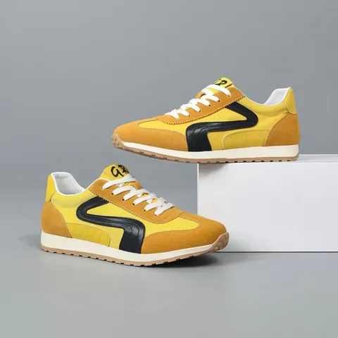 Baskets Décontractées pour Hommes en Cuir et Tissu Patchwork Chaussures Retro Forrest Gump Légères Respirantes Semelle Épaisse