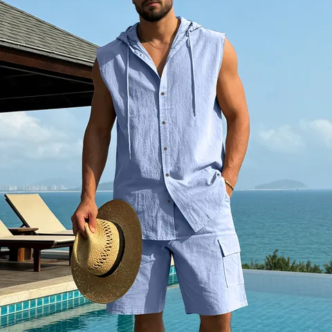 Men's Casual Linen Blend Sleeveless Hooded Shirt And Cargo Shorts Set 2 Piece Summer Beach Vacation Outfits