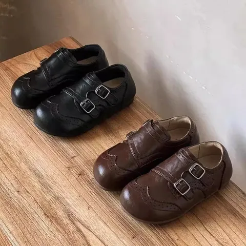 Girls British Style Brogue Monk Strap Loafers Microfiber Leather School Performance Shoes Round Toe Flat Black Brown