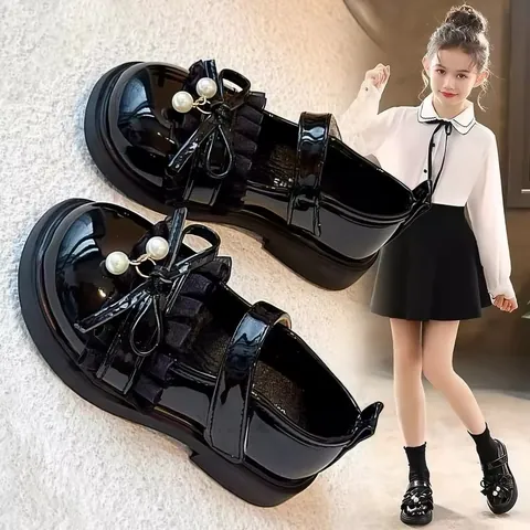 Girls Mary Jane Princess Shoes With Bowknot Pearl Patent Leather Soft Sole Wedding Party Dress Single Shoes For Toddler Little Girl